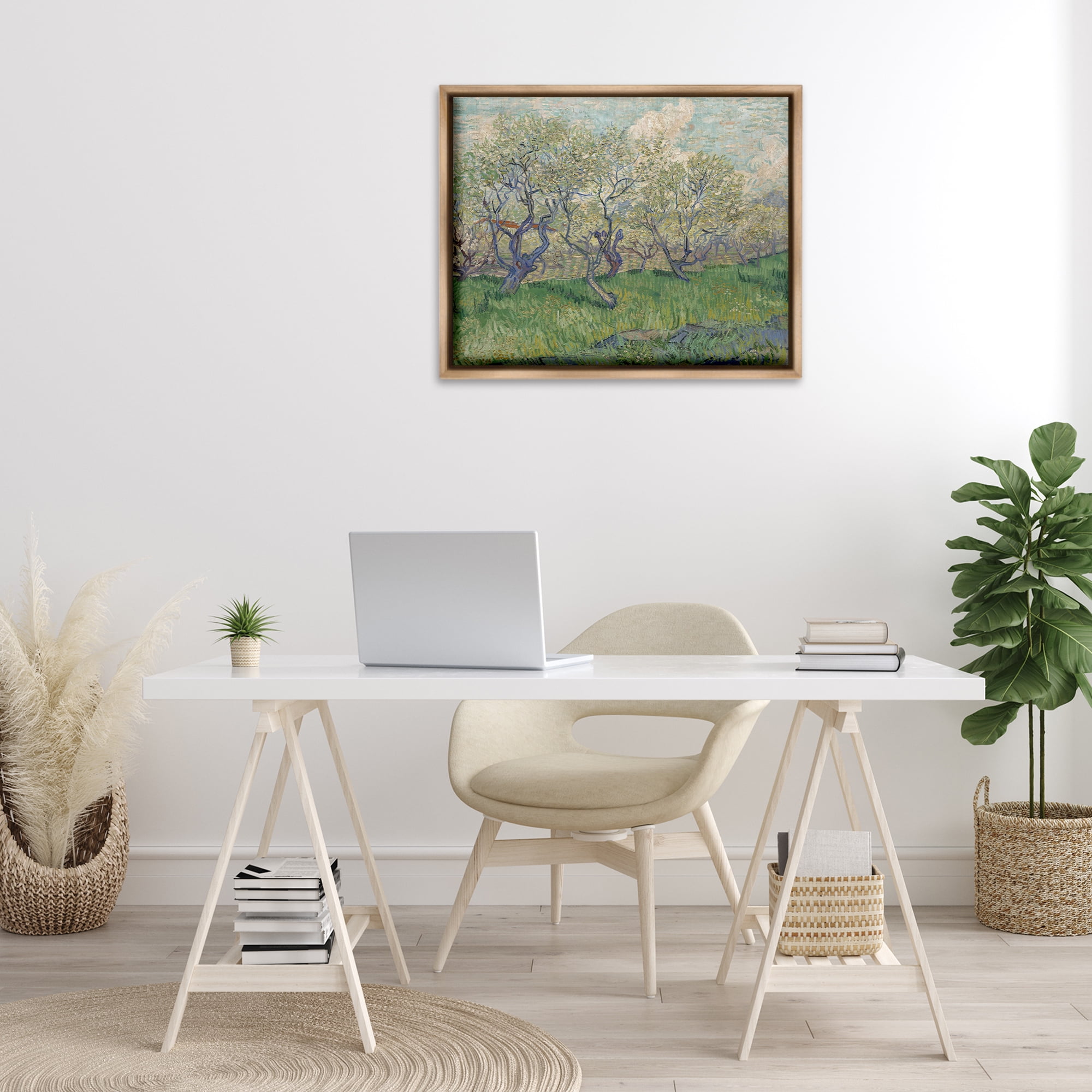 Stupell Industries Classic Van Gogh Blossoming Orchard Landscape & Nature Painting Brown Floater Framed Canvas Art Print Wall Art, 31 x 25
