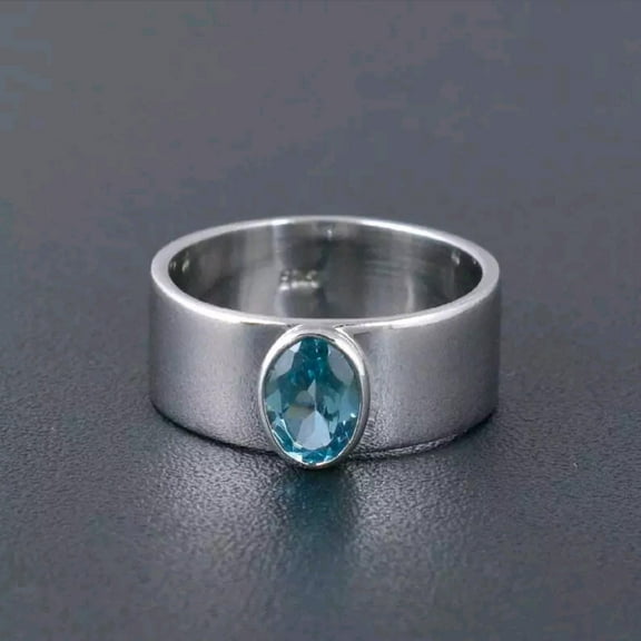 Blue Topaz Gemstone Ring, Faceted Gemstone Ring, Wide Band Ring, 925 Sterling Silver Ring, December Birthstone, Minimalist Ring, Gift Item**