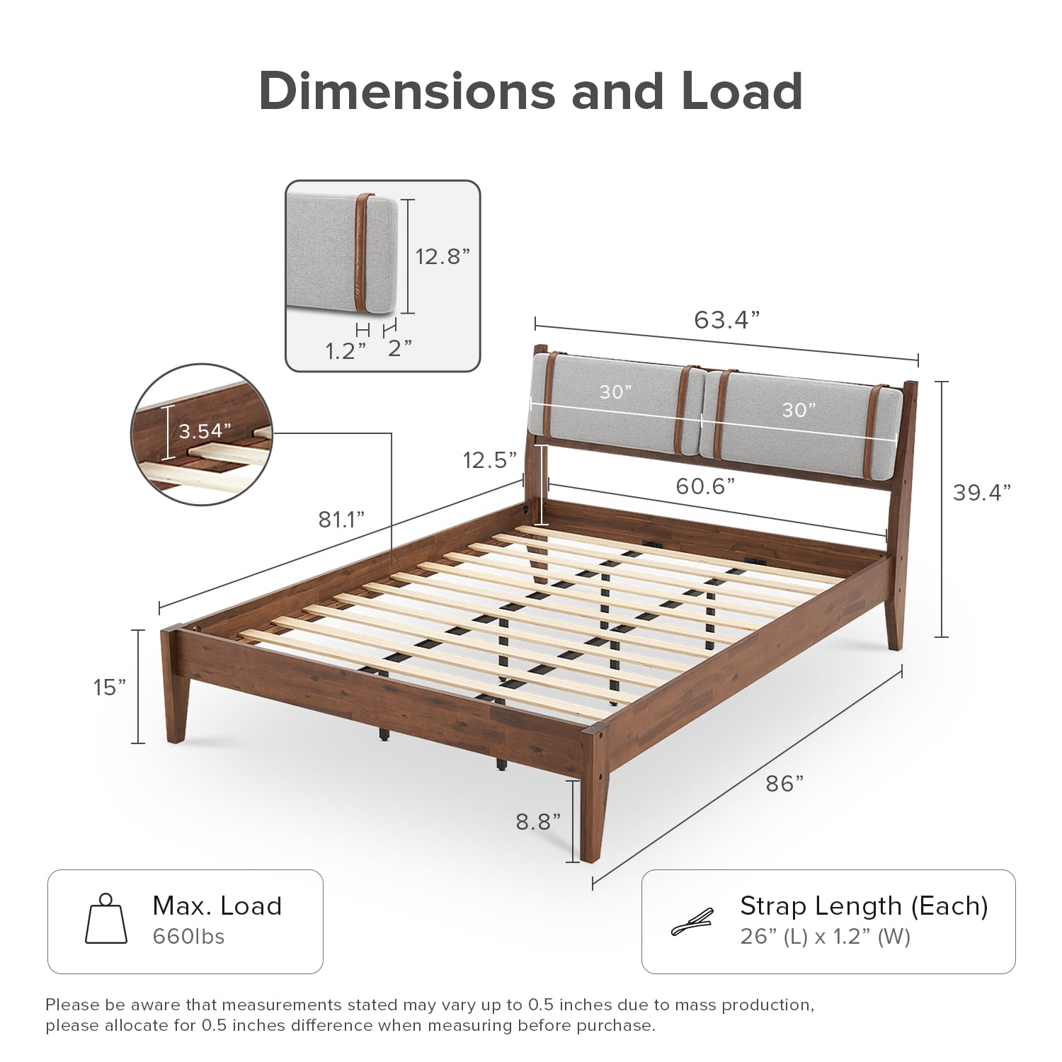 mopio Ted Bed Frame with Removable Upholstered Headboard, Mid Century Modern Acacia Solid Wood Platform Bed Frame, Walnut (Queen Upholstered Bed)