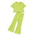 thumbnail image 3 of GYRATEDREAM Girl's Two Piece Outfits Summer Casual Ruched Short Sleeve Crop T Shirt Tops and High Waisted Bell Bottoms Flare Leg Pants for 3-4Y Green, 3 of 4