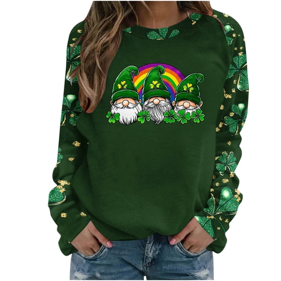St Patricks Day Shirt Women Cute Gnomes with Four-Leaf Clover Print Sweatshirt Casual Crewneck Pullover Long Sleeve Holiday Tops