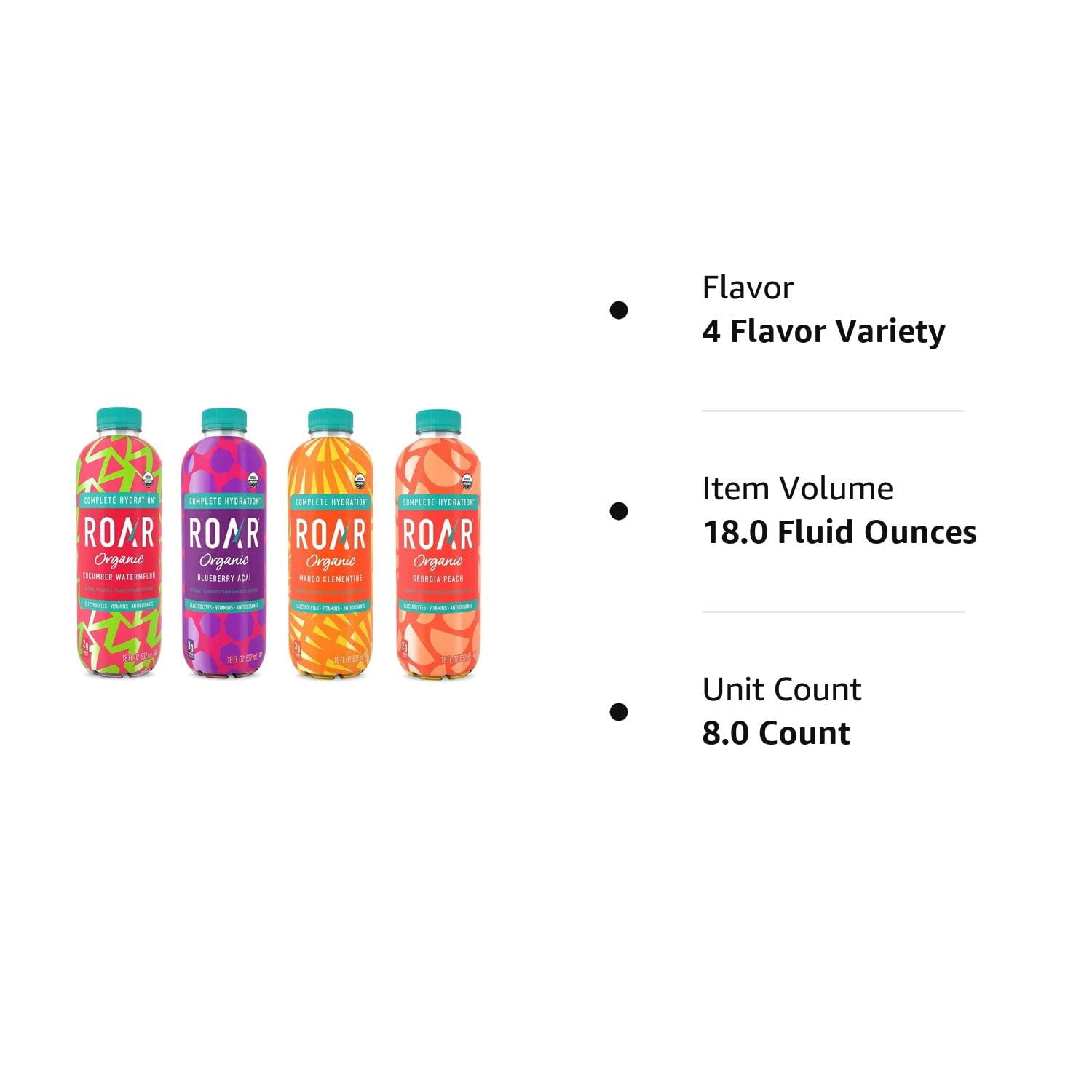 Roar Organic Electrolyte Infusions - 4-Flavor Variety Pack - with Antioxidants, B Vitamins, Low-Sugar, Coconut Water Infused Beverage 18 Fl Oz with Oasis Snacks Sticker (4 Flavor Variety, Pack of 8)