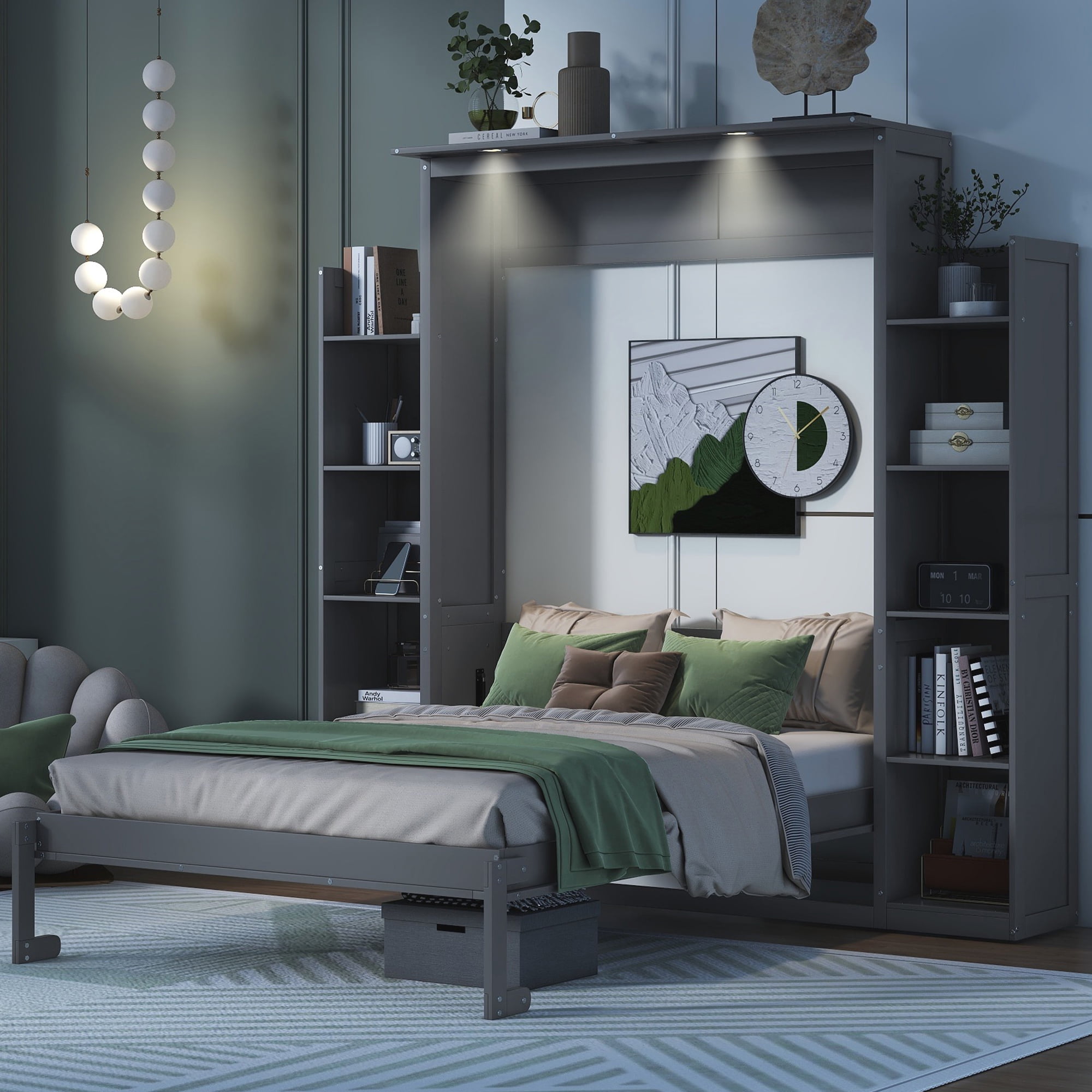 Noble House Full Size Murphy Bed Wall Bed with Shelves and LED Lights,Gray