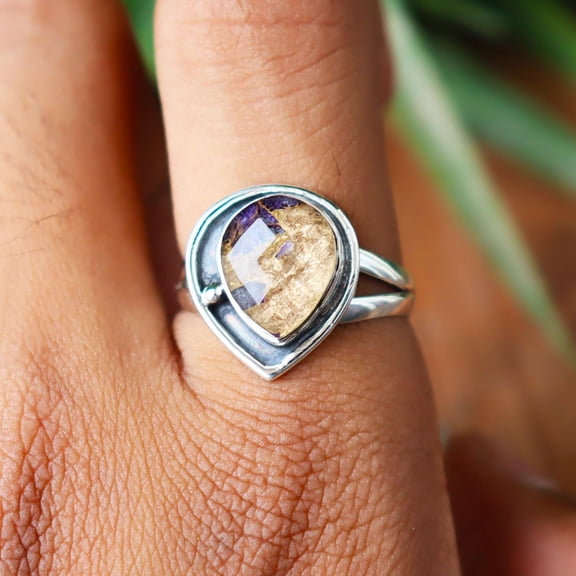 Blue John Agate Ring, 925 Sterling Silver Ring, Gemstone Ring, Silver Jewelry, Pear Cut Agate Ring, Blue John Agate, Charm Ring,Gift For Her
