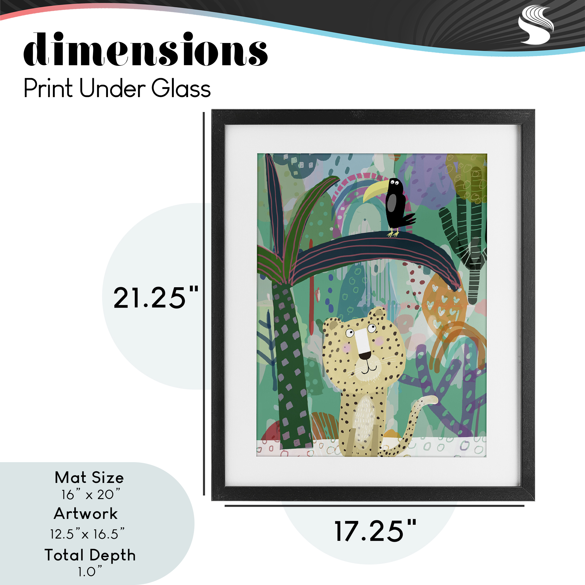 Jungle Cheetah & Toucan Black Framed Print Under Glass, design by Carla Daly
