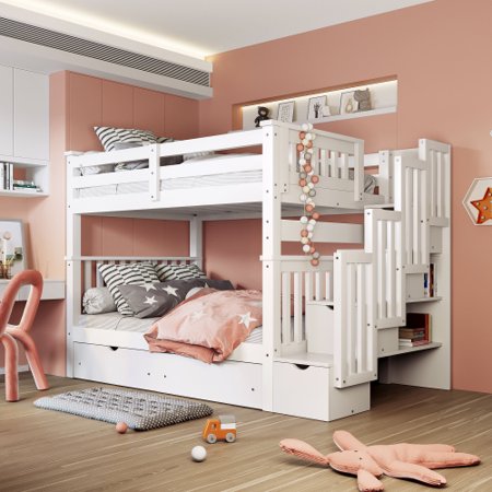 JINS & VICO Bunk Bed  Full Over Full Bunk Bed Frame with Storage Shelves  6 Storage Drawers  Stairway and Guardrails  Convertible into 2 Beds  Wood Bunk Beds for Kids Adults  White