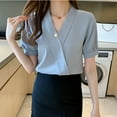 thumbnail image 5 of Olyvenn Women's Fall 2025 Casual Blouses Short Sleeve V Neck Solid Button Front Puff Sleeve Blouse for Top Shirt Tee Blue XXL, 5 of 5
