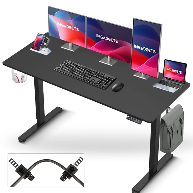 IMGadgets Bureau Assis-Debout Électrique Réglable / Grand Espace de Travail de 140 x 61 cm avec 2 Crochets / Bureau Ergonomique / Résistant aux Rayures et à l'Eau / Bureau Réglable en Hauteur pour le Travail et la Maison