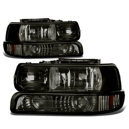 05 Chevy Silverado Headlights - For 99-06 Chevy Silverado/Tahoe Replacement Headlight/Bumper 4-PC Lamp Set (Smoke Lens) - GMT800 00 01 02 03 04 05