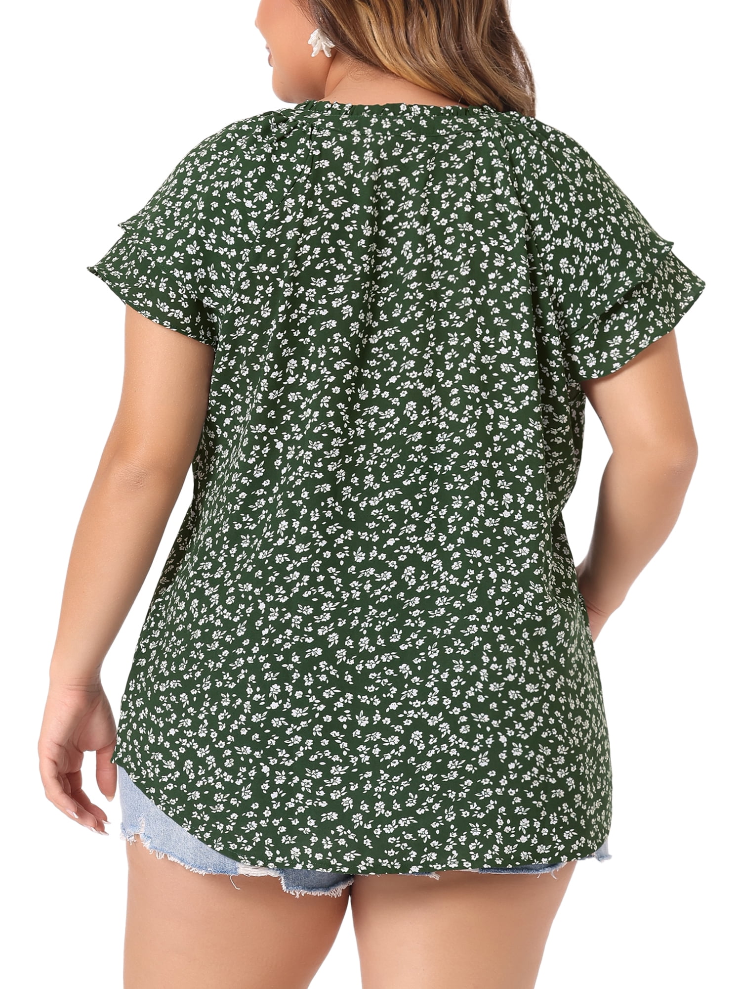 Unique Bargains Women's Plus Size Layered Sleeve V Neck Floral Tops Tunics 4X Dark Green