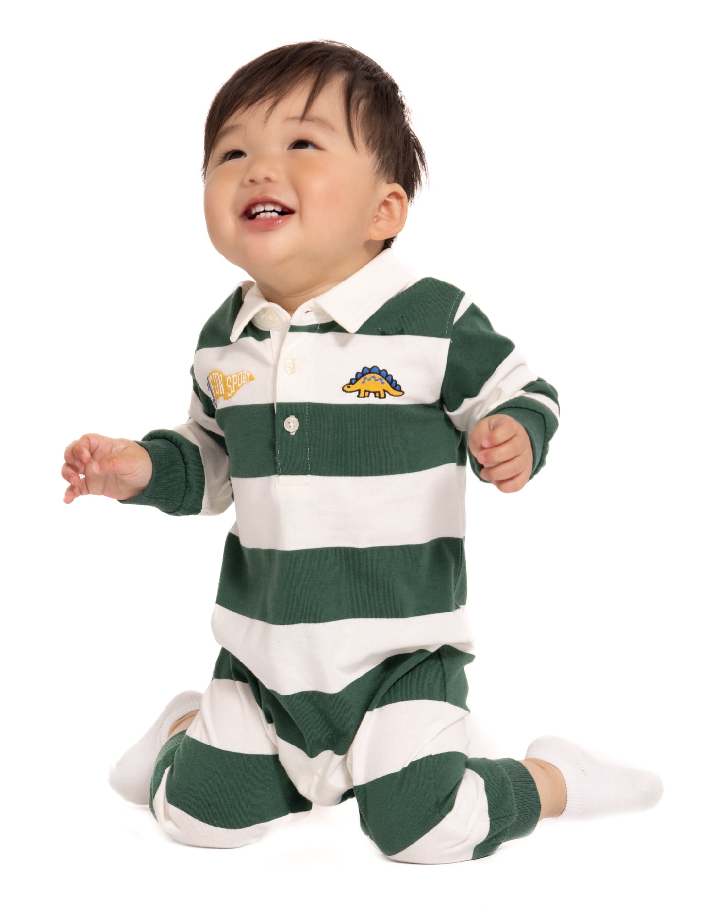 Wonder Nation Baby Boy’s Embroidered Collared Romper with Long Sleeves, Sizes 0/3M-24M