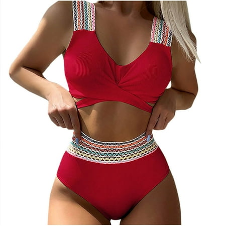 Arnsht Women Bikini Set Soft Comfortable Breathable Conservative Top High Waist Bottom Swimwear Curves Swimsuits Bathing Suits 2025 Red L