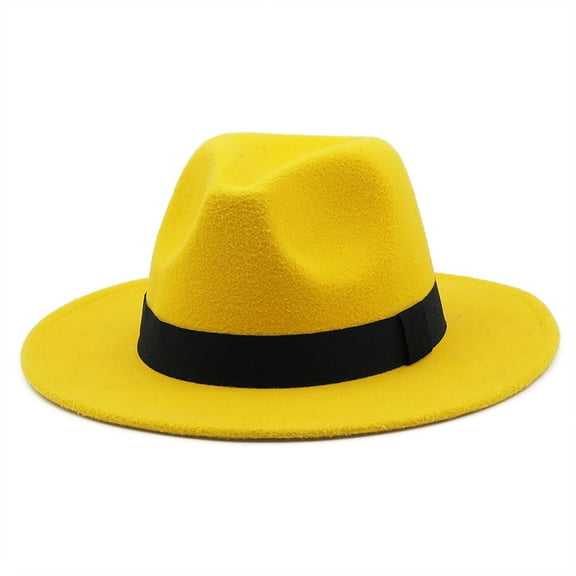 Classic Wool Felt Fedora Hat for Men and Women, Vintage Jazz Style Wide Brim Sun Hat, Elegant Solid Color Church Party Cap, Lightweight & Breathable Outdoor Dress Hat, Yellow, 56-58cm