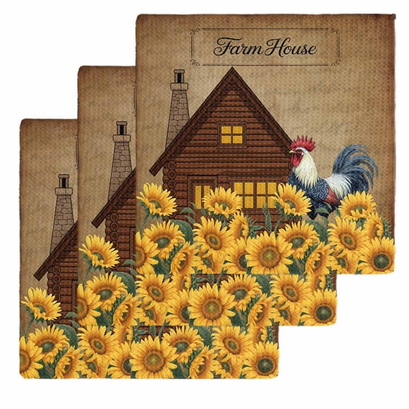 Sunflowers Roosters Kitchen Dish Towels for Drying Dishes Set of 3, Vintage Farmhouse Farm Countryside Waffle Weave Microfiber Hand Tea Bathroom Towels Quick Dry & Absorbent Towel 12x12