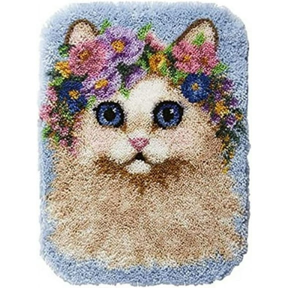 Latch Hook Rug Kits for Adults and Starter Flower Cat DIY Segment Yarn Latch Hook Rug Sofa Seat Cushion Crocheting Kits with Preprinted Pattern Canvas Crochet Yarn Kits 50 × 38cm / 19.7 * 15.0 inches