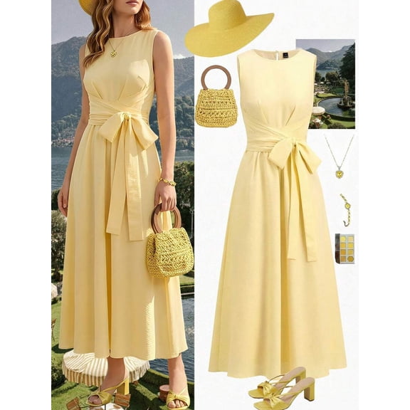 Pale Yellow Sleeveless Tie Waist A-Line Maxi Dress For Women Elegant Vacation Sundress
