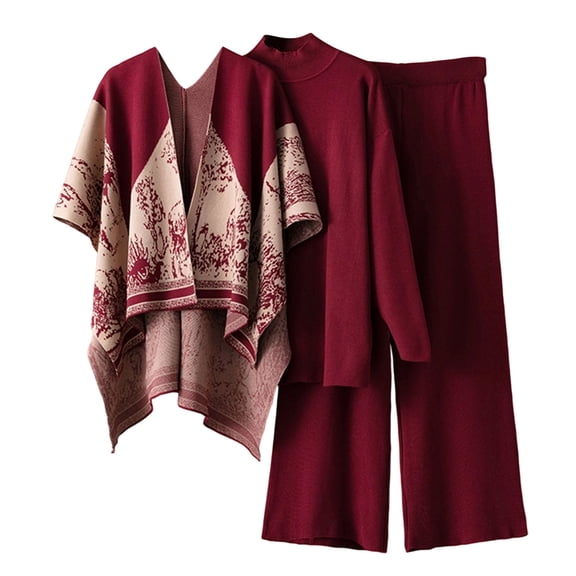 Women's 3 Piece Outfits Loungewear Sets Cardigan Cover up Long Sleeve Top Wide Leg Loose Pants Set Tracksuit (Free Size, Wine)