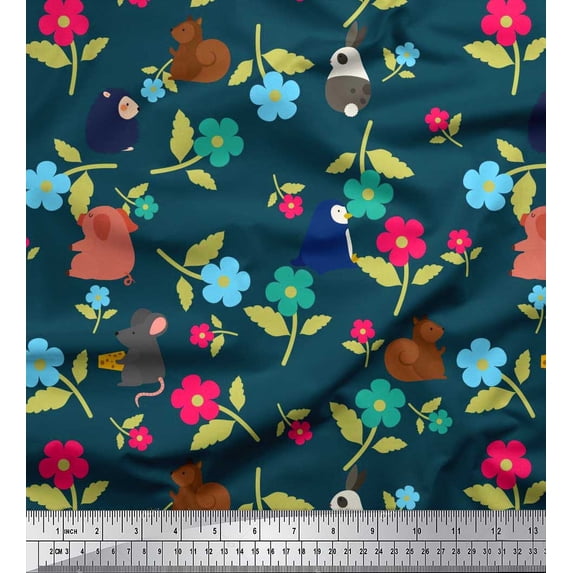 Soimoi Japan Crepe Satin Fabric Floral & Cute Animals Cartoon Printed Craft Fabric by The Yard 42 Inch Wide