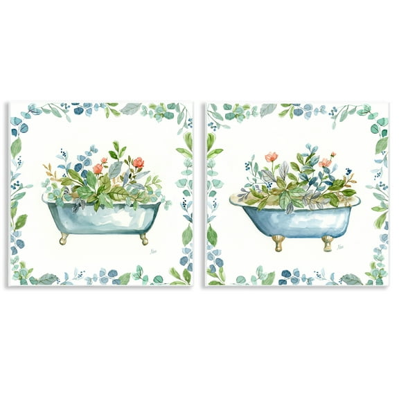 Stupell Industries Charming Flower Filled Tub Bath & Laundry Painting Unframed Art Print Wall Art, 12 x 12, Set of 2