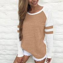 UQJfacai Long Sleeve Shirts for Women Striped Color Block Baseball T-Shirt Fall Crewneck Tunic Tops Casual Fashion Loose Basic Tees