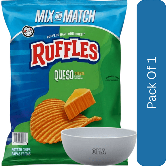 Ruffles Queso Cheese Flavored Potato Chips, 15.125 oz-1pk-With Olive Green Bowl By OMA