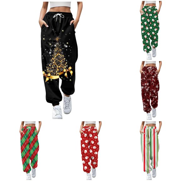 DHFJKG Women's Christmas Print Sweatpants Drawstring Tapered Joggers Pants Comfortable Loose High Waisted Sweat Pants With Pockets