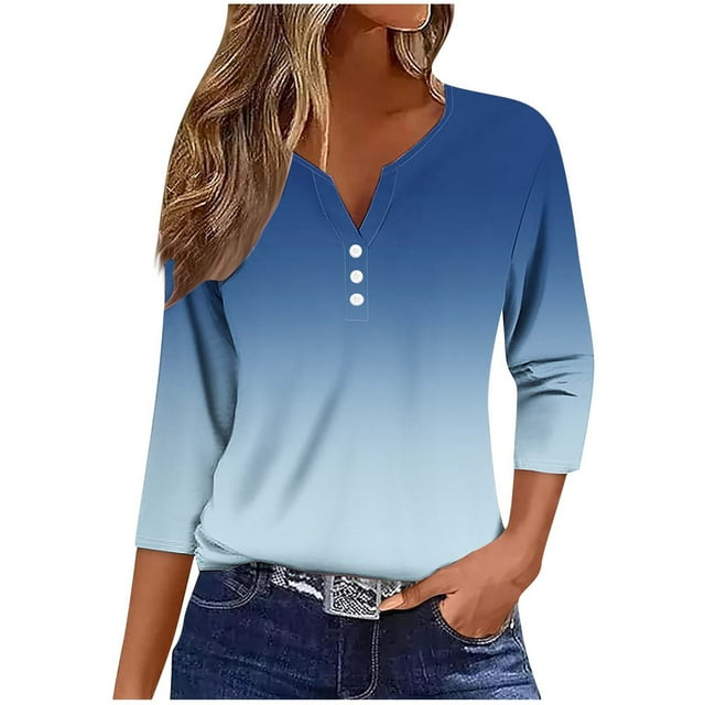 aidice 3/4 Length Sleeve Womens Tops Casual Notched V Neck Button Comfy Fitting Gradient Color Tee Shirts