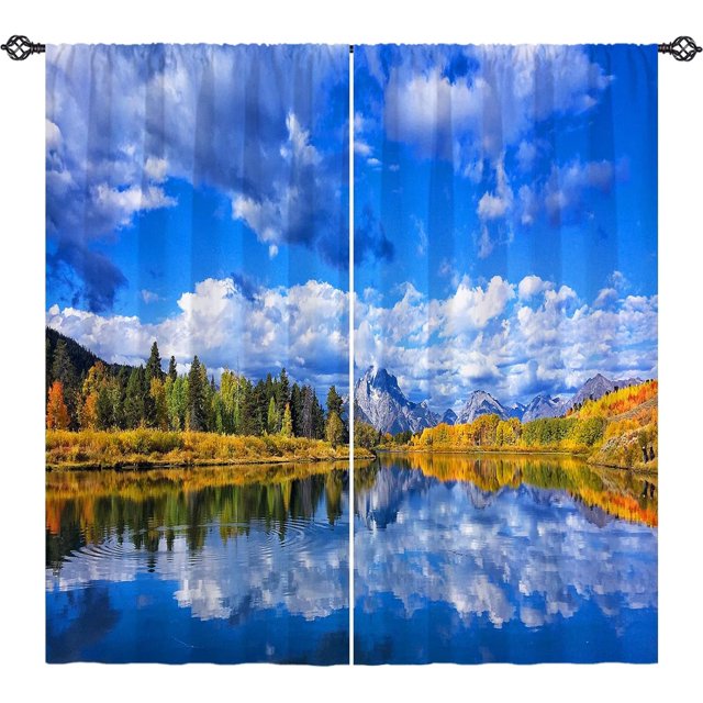 Landscape Kitchen Curtains Nature Theme Forest Tree Lake Mountain Scenery Scene Design Print Pattern Rod Pocket Waterproof Window Drapes for Bathroom Bedroom Office Cafe 2 Panels 26 x 36 Inch