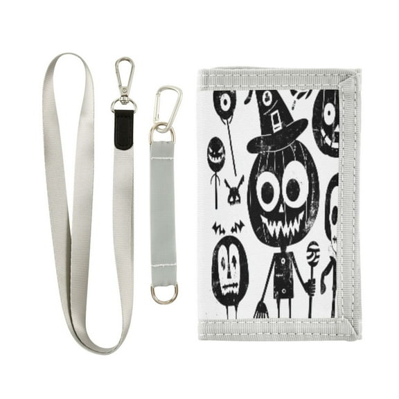 Cloth Wallet with Lanyard & Multiple Compartments Fashion Purse Zipper Clutch Bag for Cash Cards Coins Black and White Pumpkins