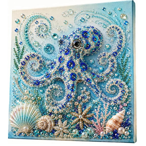Ocean Theme Pearl Art DIY Kit, 3D Sparkling Coastal Wall Decor，3D Octopus Diamond Painting Craft, Sea Themed Artwork Set for Adults & Beginners, Ocean Lover Gift