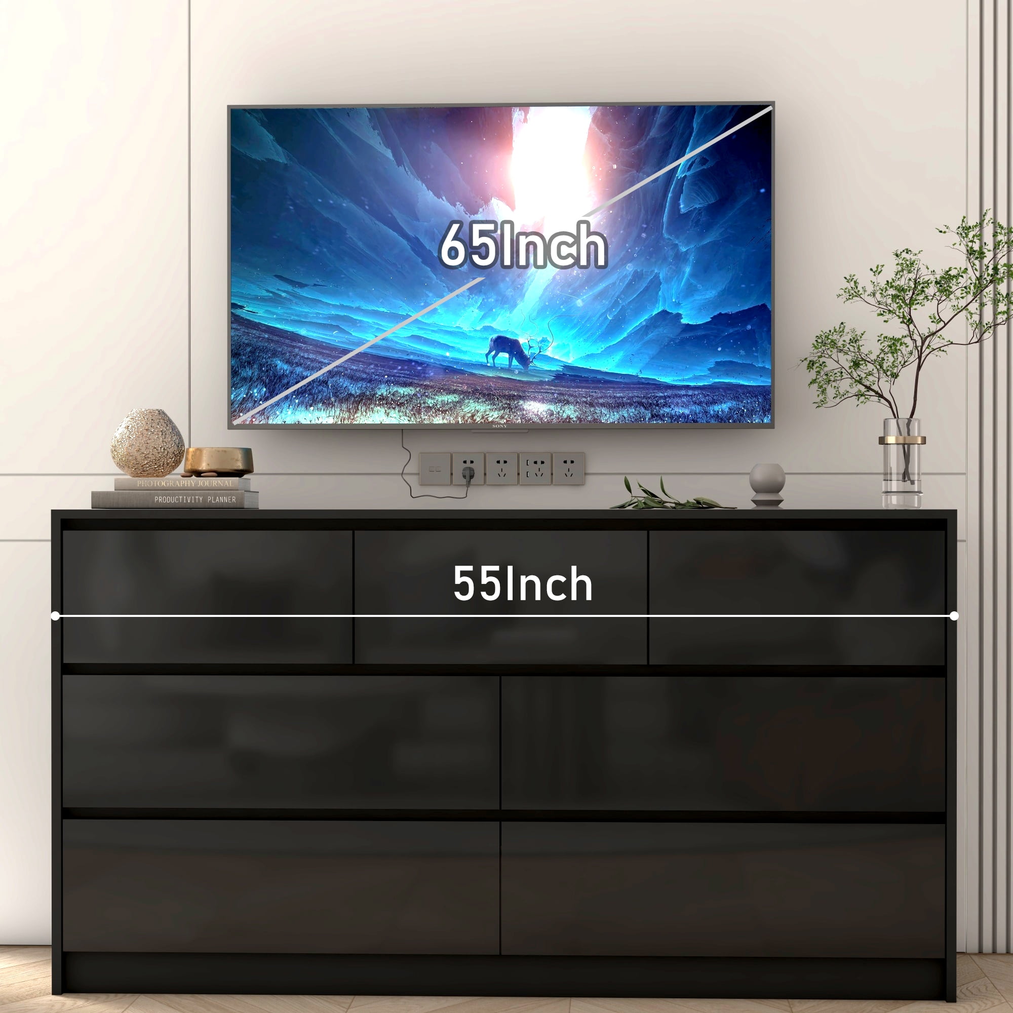 ChVans 7 Drawer Dresser for Bedroom, 55" Modern High Gloss Black Dresser with Wood Chest of Drawer Handle Free, Long Dresser for Bedroom, Living Room, Entryway, Hallway