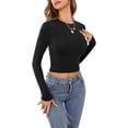thumbnail image 2 of hirigin Women's Spring Autumn Slim Crop Tops Solid Color Long Sleeve O Neck Backless T-shirt, 2 of 6