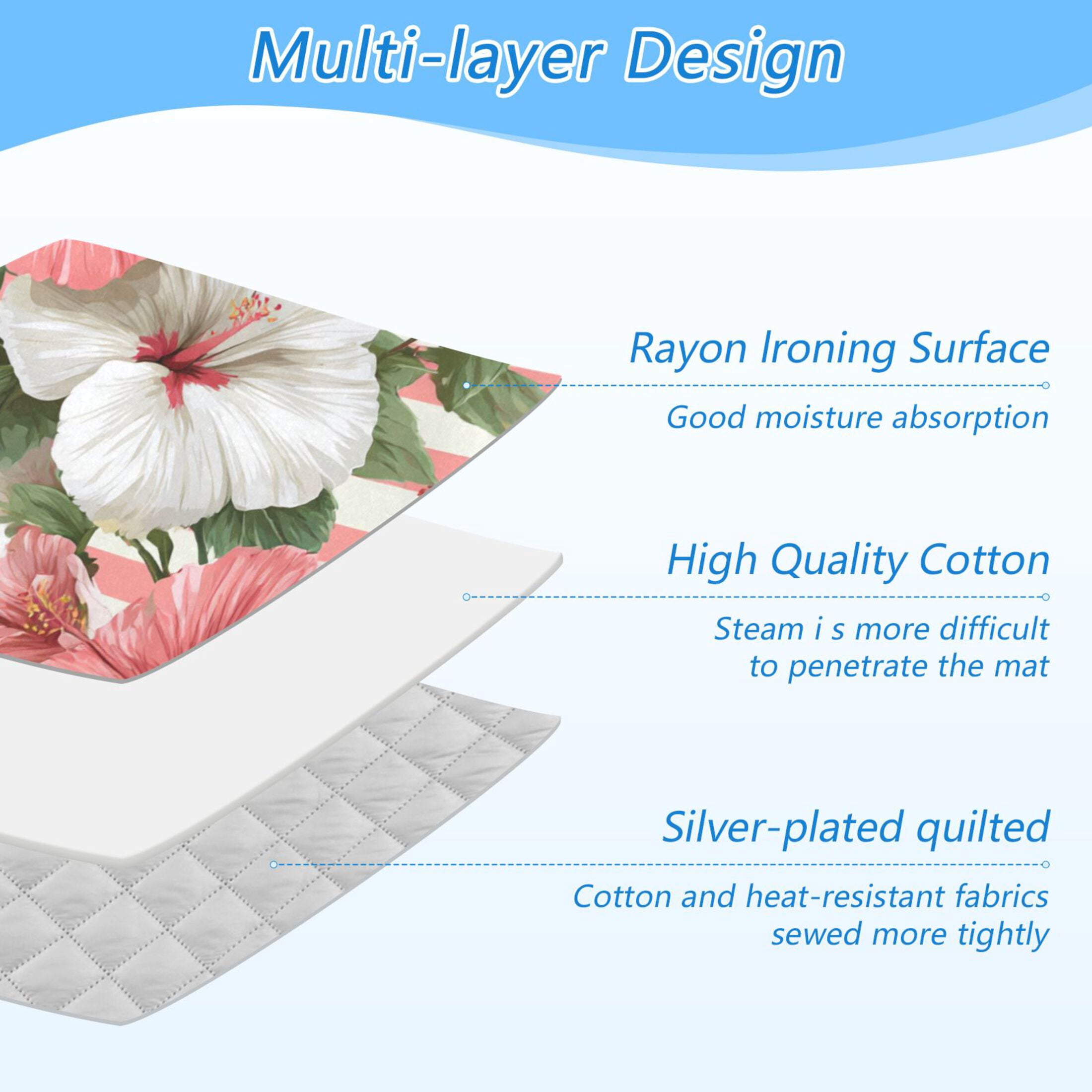 Pink Stripes Hawaiian Flowers Ironing Mat Blanket Portable Travel Ironing Pad Heat Resistant Pad 47.2" x 27.6”