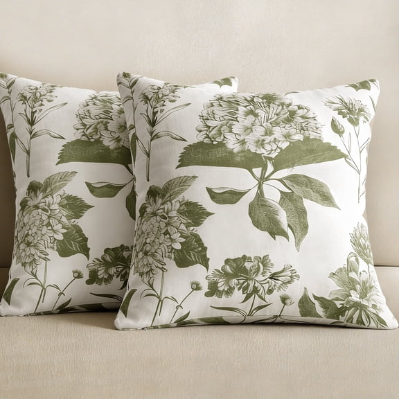 COOKCOK Set of 2 Vintage Floral Throw Pillow Covers, 22" x 22" Neutral Block Print Decorative Cushion Covers, Double-Sided Boho Farmhouse Decor for Sofa Couch Bed, Green