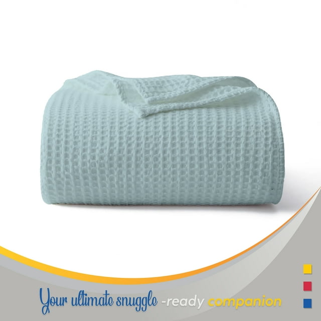 Color Sense Couverture en Coton 100% Chaude et Confortable, Tissage Gaufré Super Doux, Bleu Clair