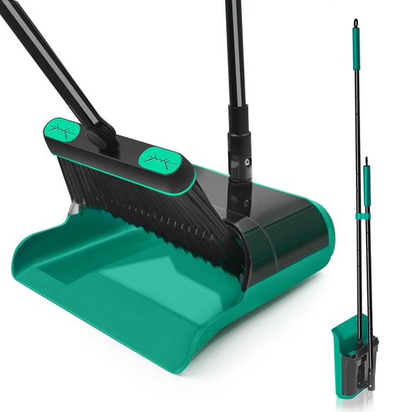 JEHONN Balai et Porte-Poussière, Grande Porte-Poussière Pliable Améliorée avec Dents Peigne, Manche Long de 53,5 Pouces Brosse Pivotante d'Intérieur pour le Nettoyage des Planchers de la Maison, de la Cuisine et du Hall (Vert)