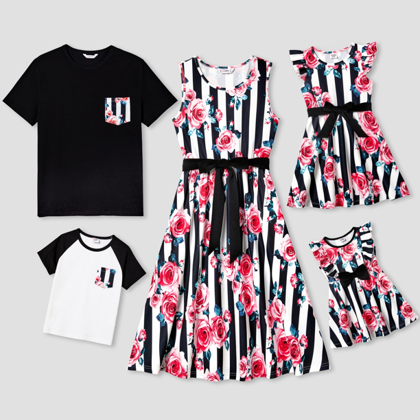 PatPat Conjuntos familiares de coincidencia. Vestidos sin mangas de poliéster con cinturón y estampa de grandes flores o camisetas de algodón de manga corta con bolsillo parche