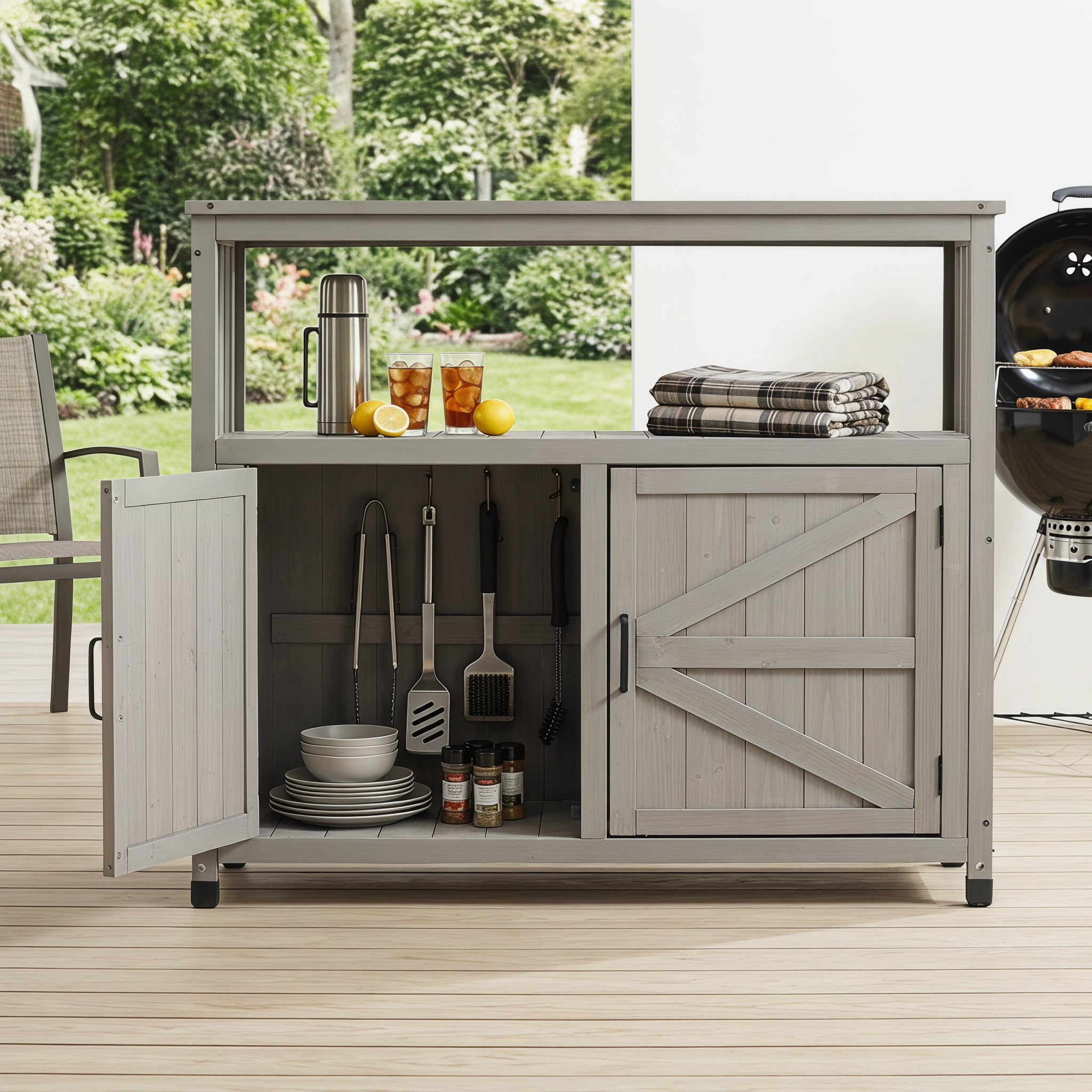Wooden Patio Bar Set, Sideboard Storage Cabinet Combination Furniture for Indoor Outdoor Garden Backyard, Grey
