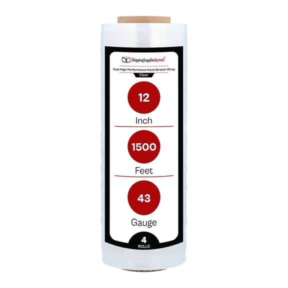 SSBM Hand Stretch Wrap 12" x 1500' 4 Rolls 43 Gauge Clear Plastic Shrink Film Self Adhesive for Packing and Wrapping