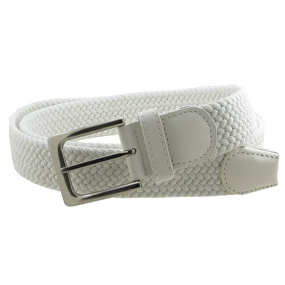 Mens Braided Elastic Stretch Belt Leather Tipped End and Silver Metal Buckle