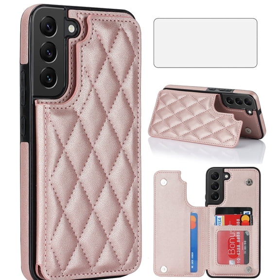 Asuwish Compatible with Samsung Galaxy S22 5G Wallet Phone Case Tempered Glass Screen Protector Credit Card Holder Stand Rugged Accessories Cell Cover for S 22 22S 4G G5 6.1 inch Women Men RoseGold