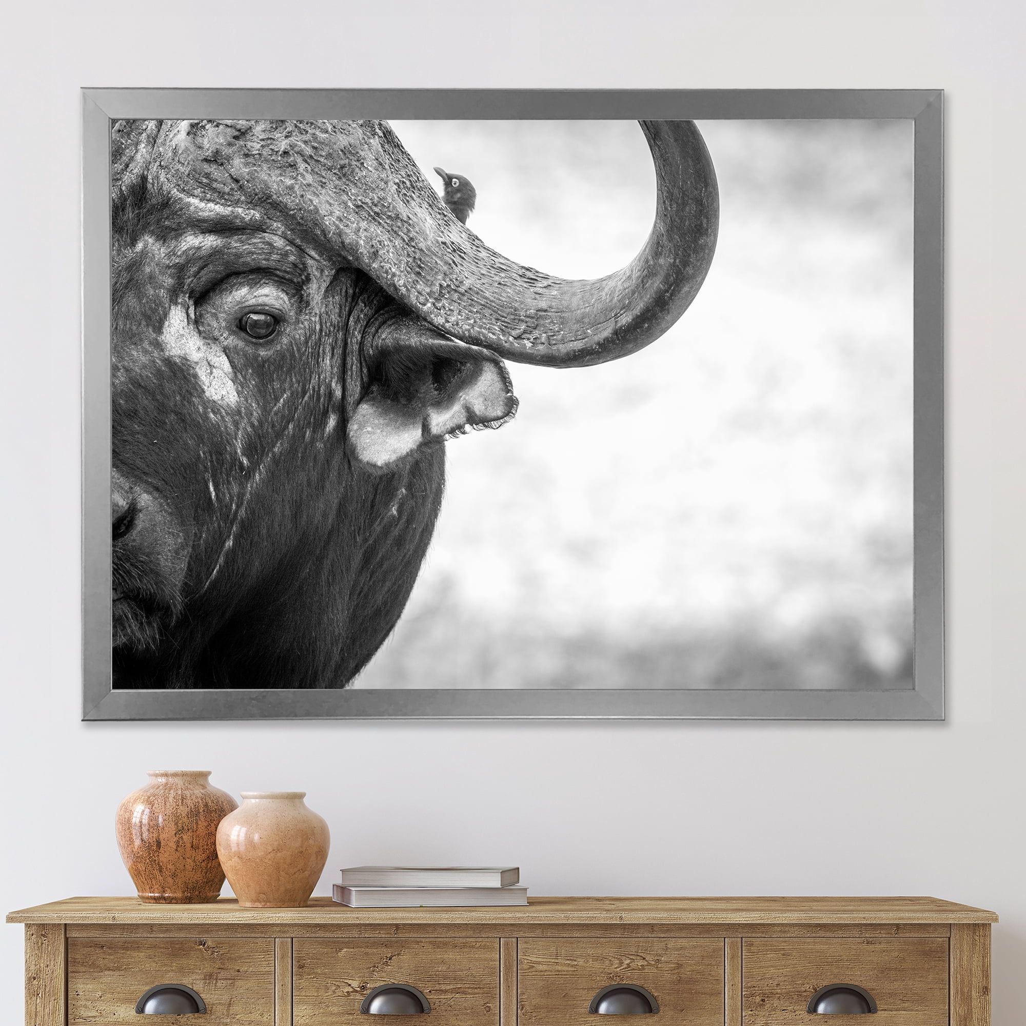 Designart 'Black and White Portrait Of Buffalo III' Farmhouse Framed Art Print