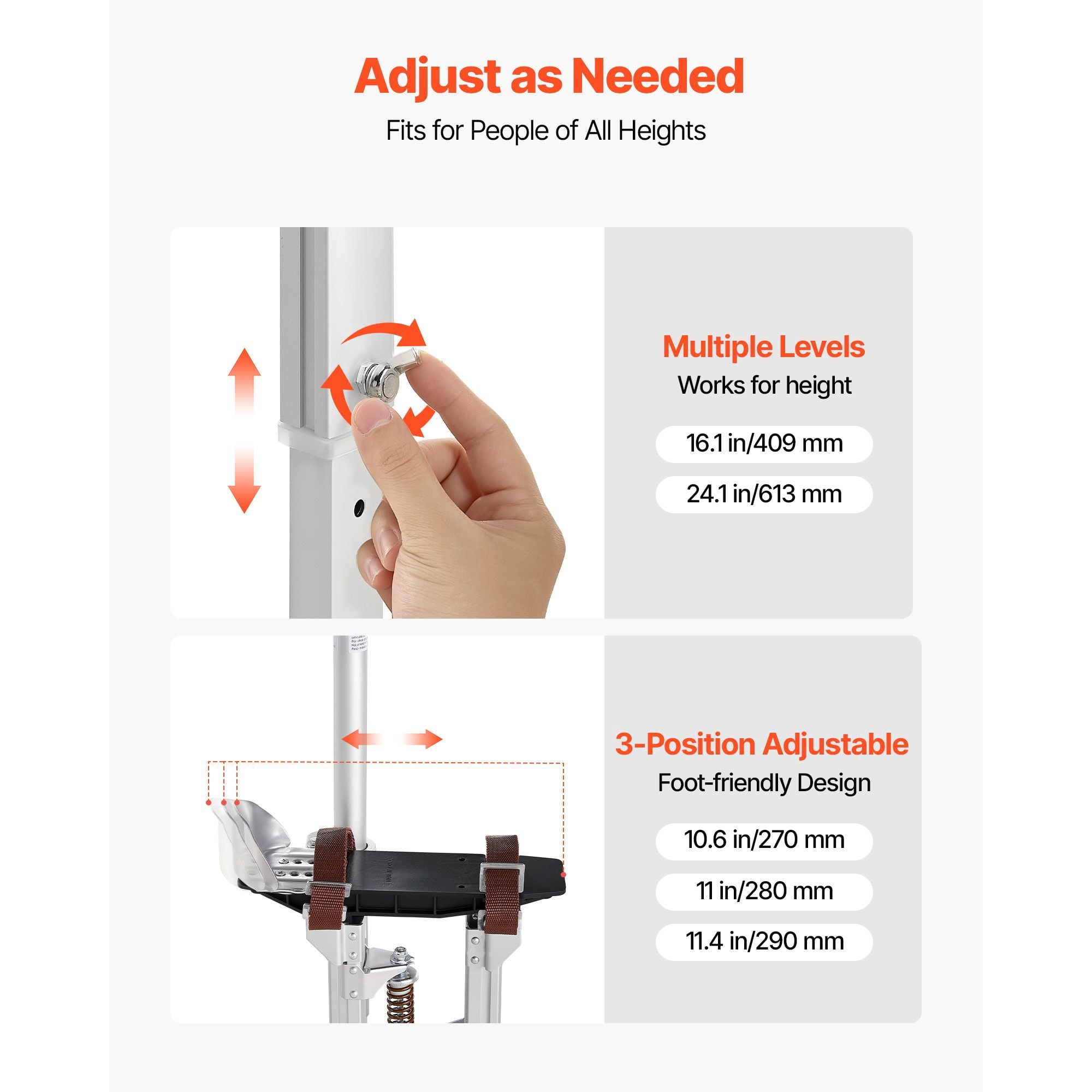 Drywall Stilts, 16.1–24.1 in Adjustable Aluminum Painter Stilts, 228 lbs Load Capacity, Non-Slip Rubber Feet, Dual Spring Shock Absorption, Comfortable Leg Straps for Painting, Decoration, Silver