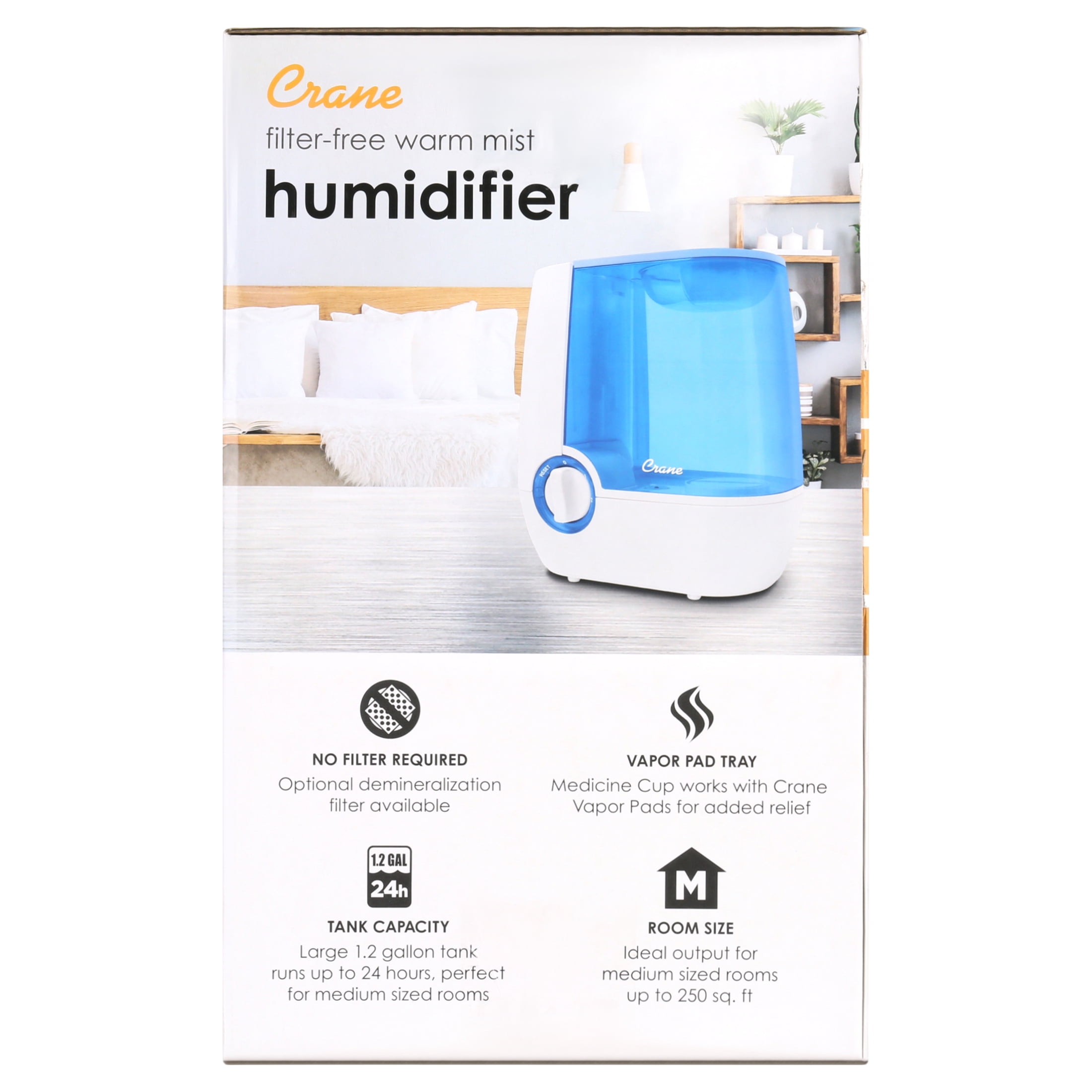 Crane USA 1.2 gal. Warm Mist Humidifier, Medicine Cup, 24 Hour Run Time, Blue/White