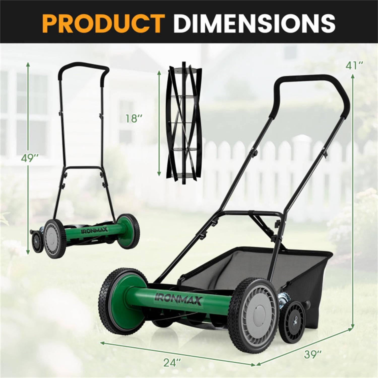 18-Inch 5-Blade Push Reel Lawn Mower with Grass Catcher, Manual Walk-Behind Mower with 4-Level Height Adjustment - Green