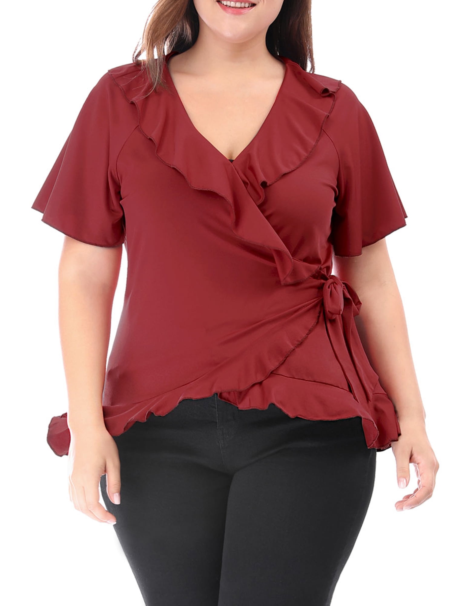 Women Plus Size V Neck Trumpet Sleeves Ruffled Wrap Blouse Red 3X ...