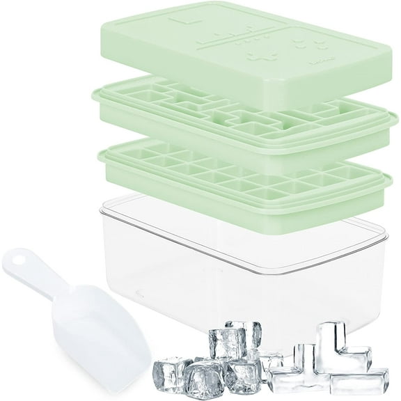 Ice Cube Tray, Silicone Ice Cube Tray with Lid and Bin, Ice Cube Molds for Freezer, 2 Trays Square Ice & Puzzle Ice 1 Ice Bucket & Scoop, for Whiskey, Cocktail