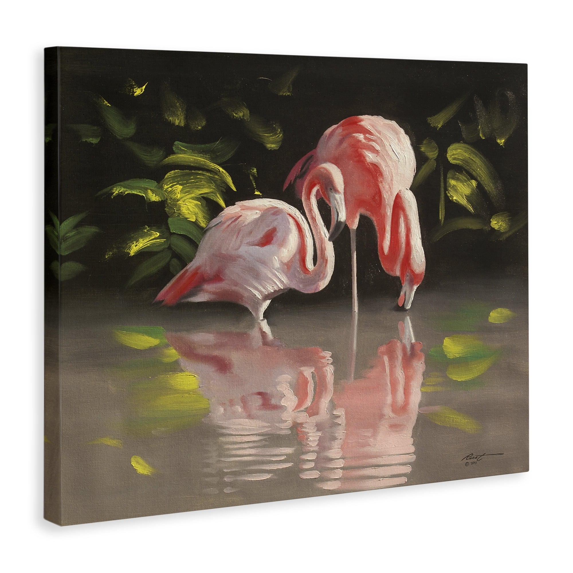 Stupell Industries Flamingos with Pond Reflection Animals & Insects Painting Gallery Wrapped Canvas Art Print Wall Art, 30 x 24