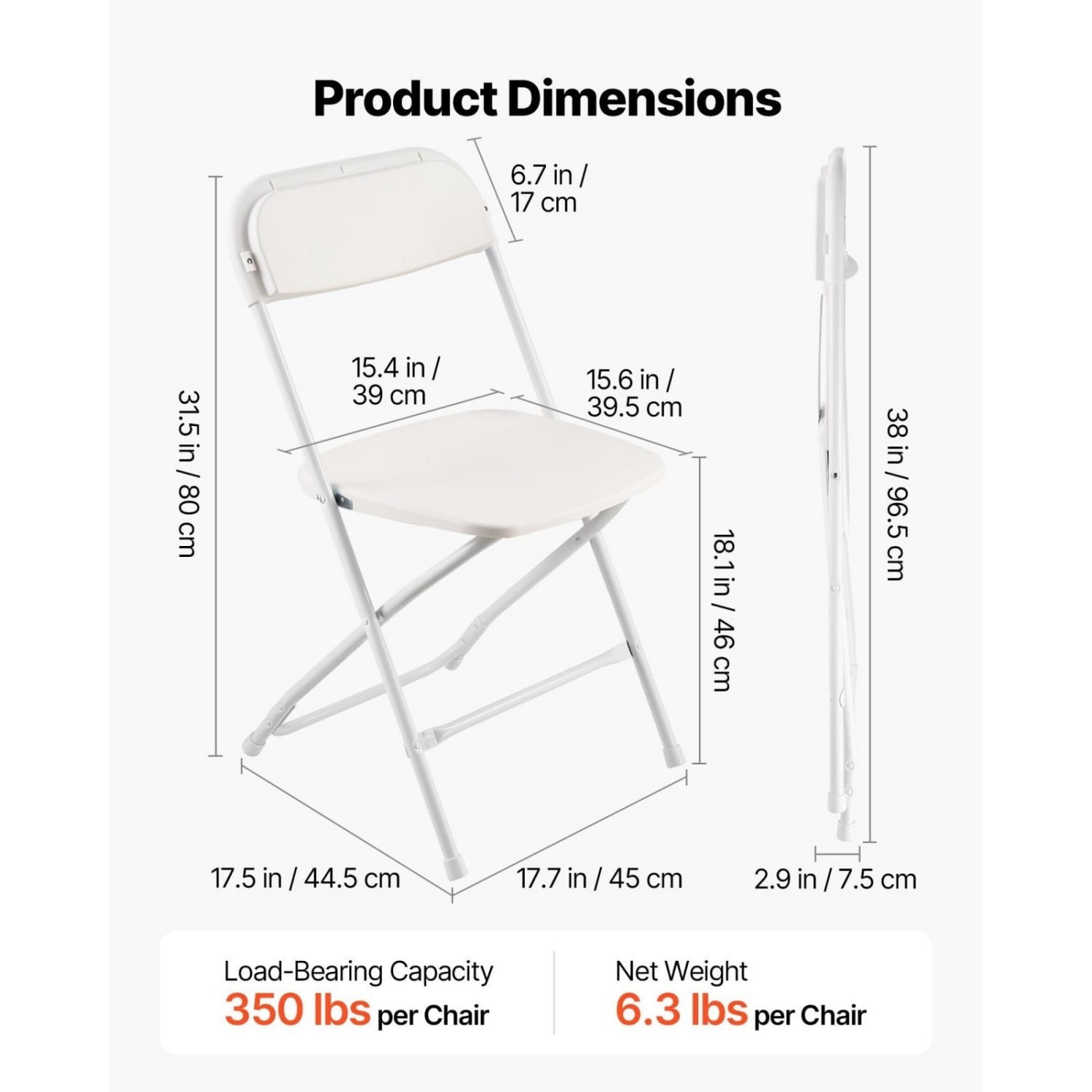 Folding Chairs Set of 4, Plastic Folding Chairs with Heavy-Duty Metal Frame, Portable Stackable Chairs for Indoor Outdoor Home, Garden, Parties, Events, White