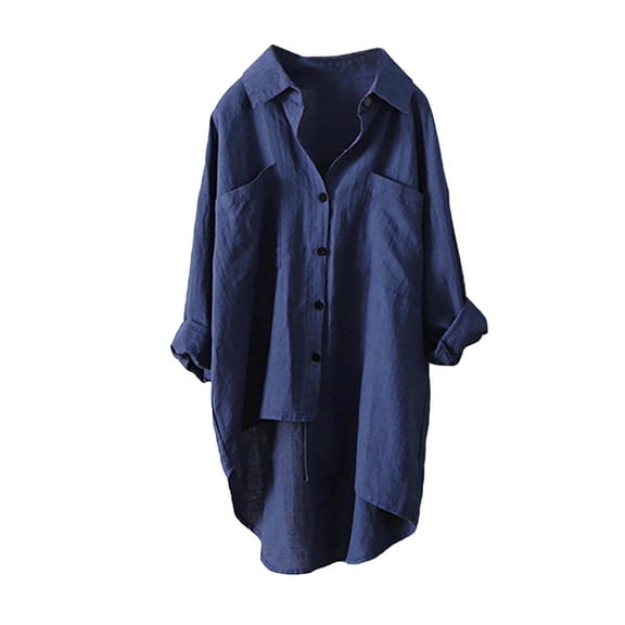 Womens Tops Women Cotton Solid Long Sleeve Shirt Casual Loose Blouse Button Down Tops